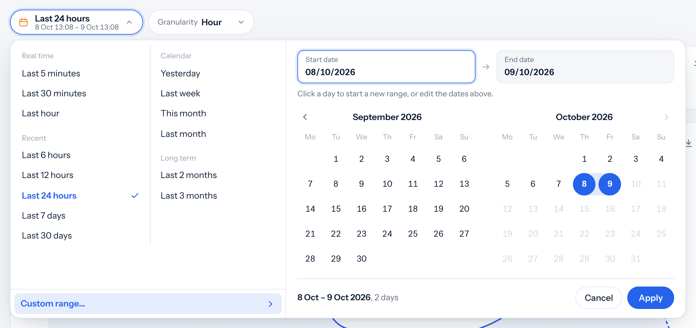 Calendar to choose a custom period